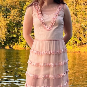 Antique 1920s Sheer Pink Chiffon Dress with Lace and Ribbon Adornments | Ruffled 20s Dress in Dusty Rose