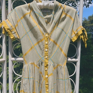 1950s Striped Yellow and Blue Carlye Dress | 50s Plaid Day Dress
