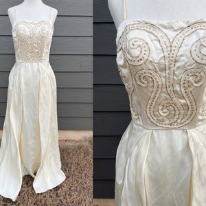 1940s Cream Overskirt Evening Gown with Sequined Bodice