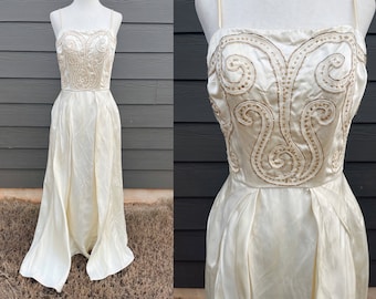 1940s Cream Overskirt Evening Gown with Sequined Bodice