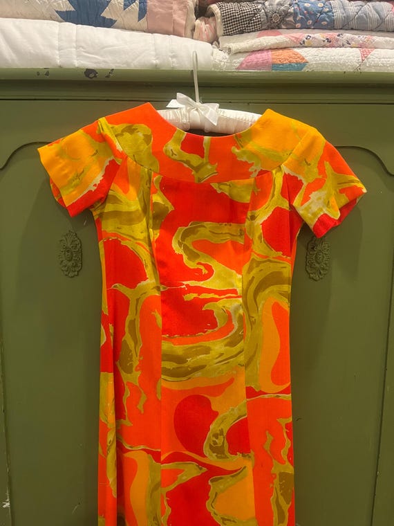 1960s Orange Hawaiian Maxi Dress by Isoshima's Hale Aloha, Honolulu, Hawaii