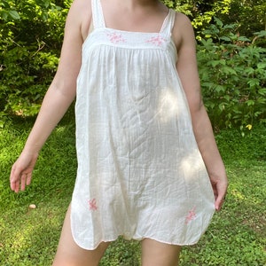 Antique 1920s White Cotton Step-In with Pink Floral Embroidery | 20s Teddy / Romper | Flapper Lingerie