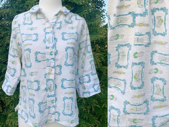 1950s 1960s Cos Cob Novelty Print Button Down Shi… - image 1