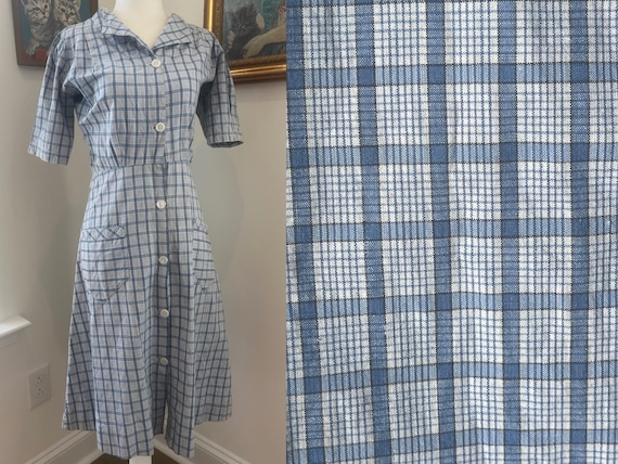 1930s Blue Plaid Farm Dress with Pockets