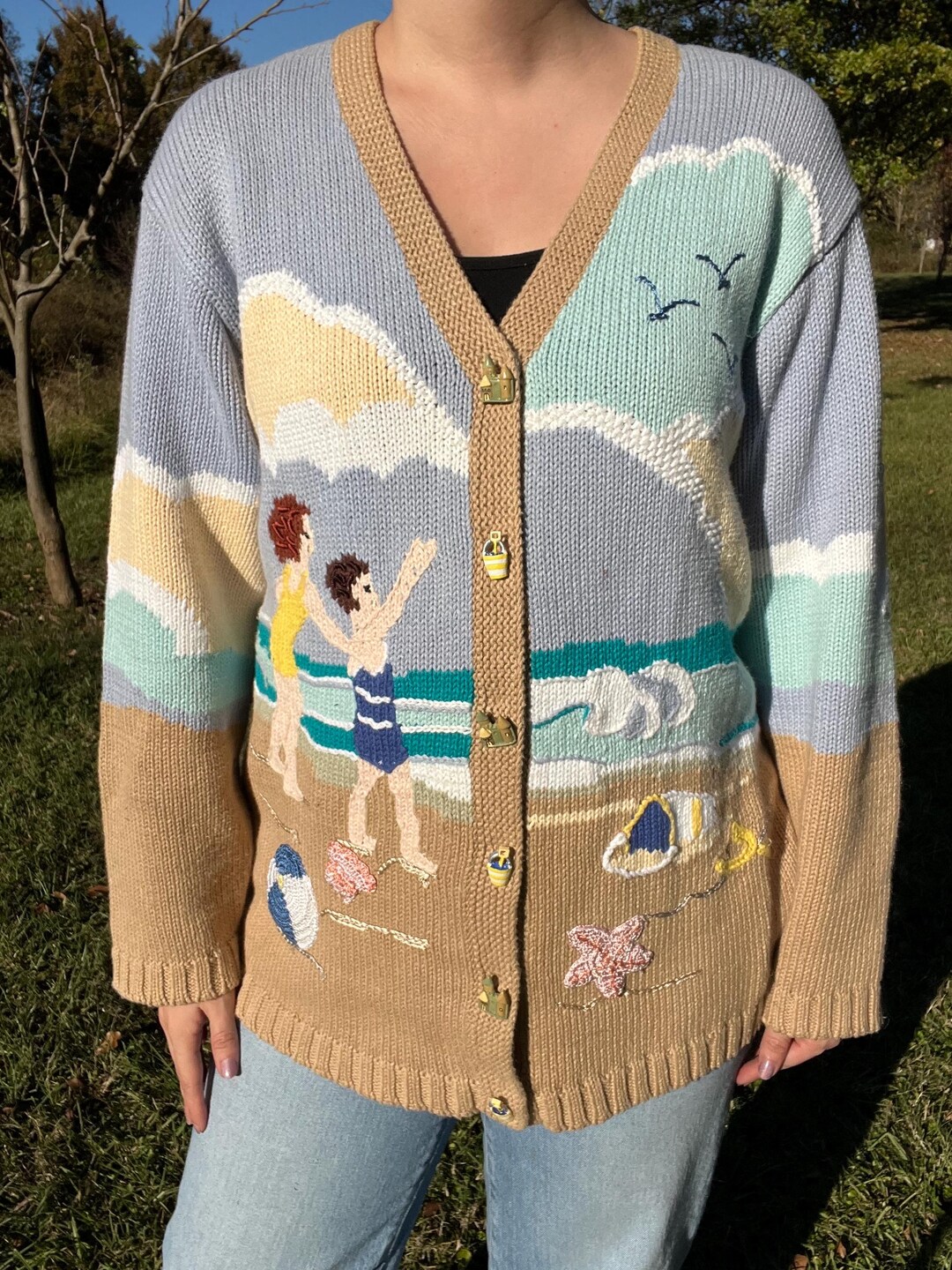 1990s Novelty Beach Sandcastle Cardigan Sweater | Size Large - Etsy