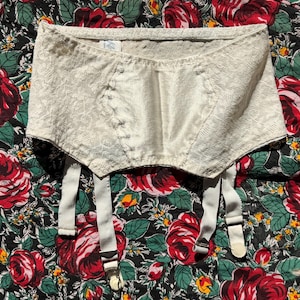 Puede incluir: Cinturón de liguero vintage color crema con cuatro correas ajustables y cierres metálicos. El cinturón presenta un diseño texturizado y estampado y un acabado satinado. El fondo es un estampado floral con rosas rojas y hojas verdes.