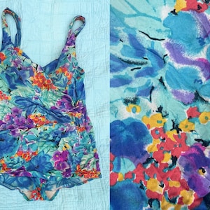 1980s One Piece Blue Floral Swimsuit by Roxanne Bra Sized