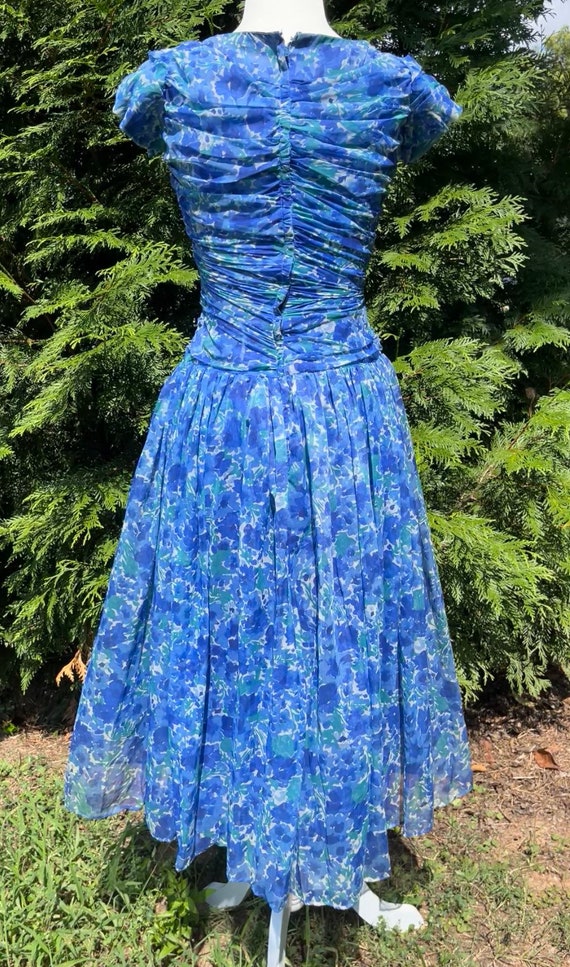 1950s Blue Watercolor Floral Party Dress with Rhi… - image 3