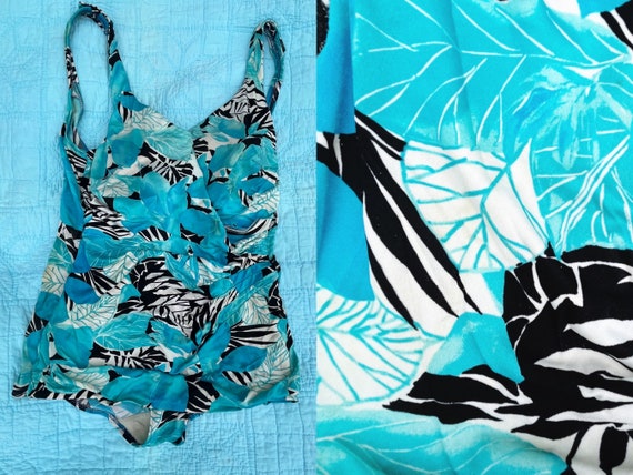 1980s Blue Leaf Print One Piece by Roxanne Bra Si… - image 1