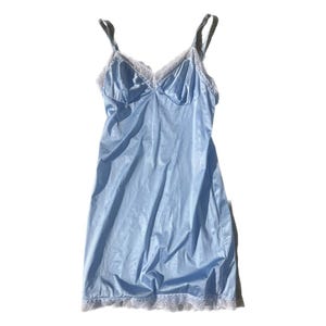 1970s Blue Mini Slip Nightgown with White Lace Trim | 70s Lingerie by Vassarette