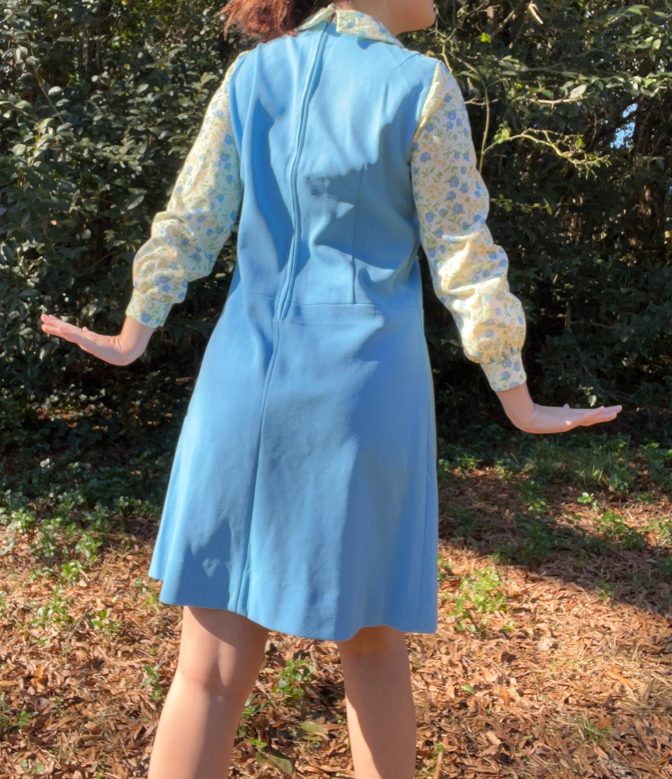 1970s Blue Jumper Dress With Floral Sleeves and Collar - Etsy