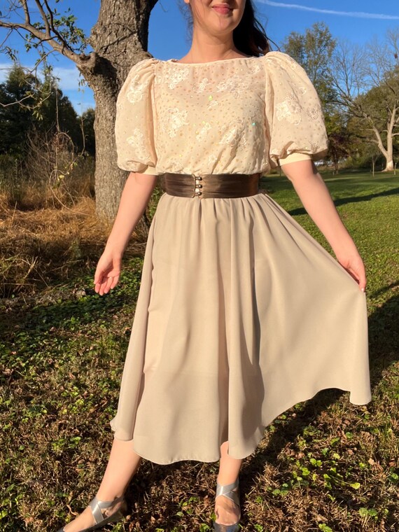 1980s Belted Midi Formal Dress with Glitter and Puff Sleeves | Earth Tones