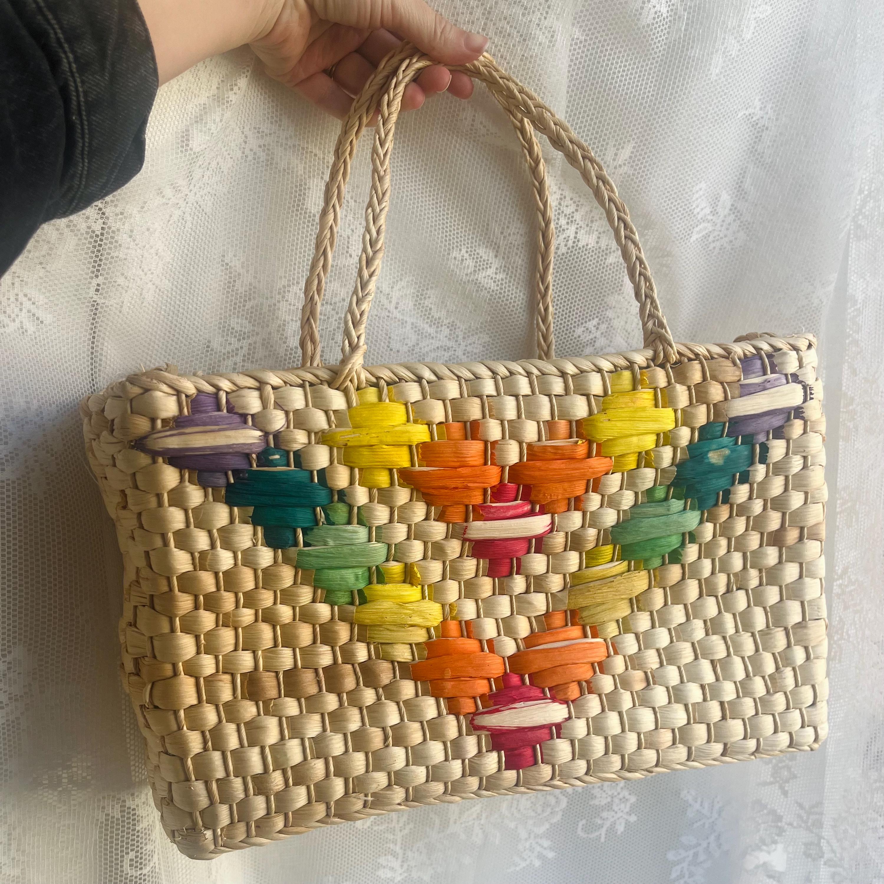 1980s Colorful Raffia Handbag | Woven Straw Beach Bag - Etsy
