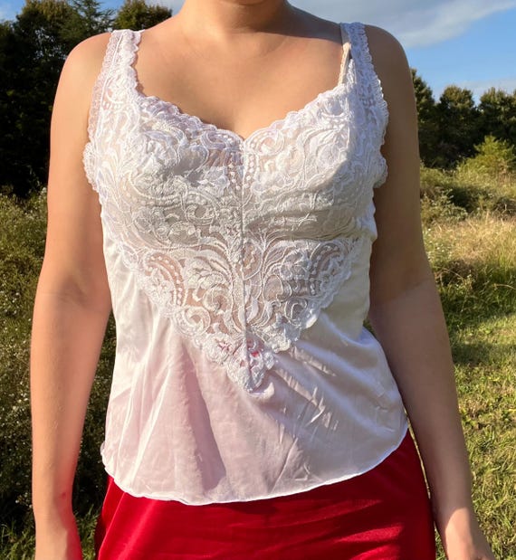 1980s White Camisole Lingerie Tank Top by Vanity Fair Lace Layering Shirt