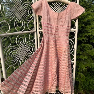 1950s Pink Lace Party Dress with Ribbon Details