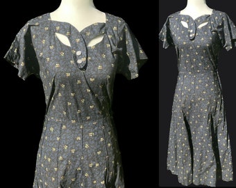 1940s Floral Dress and Jacket Set in Black and Navy by Cay Artley