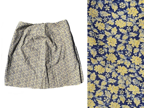 1960s Blue and Yellow Floral Mod Mini Skirt - image 1