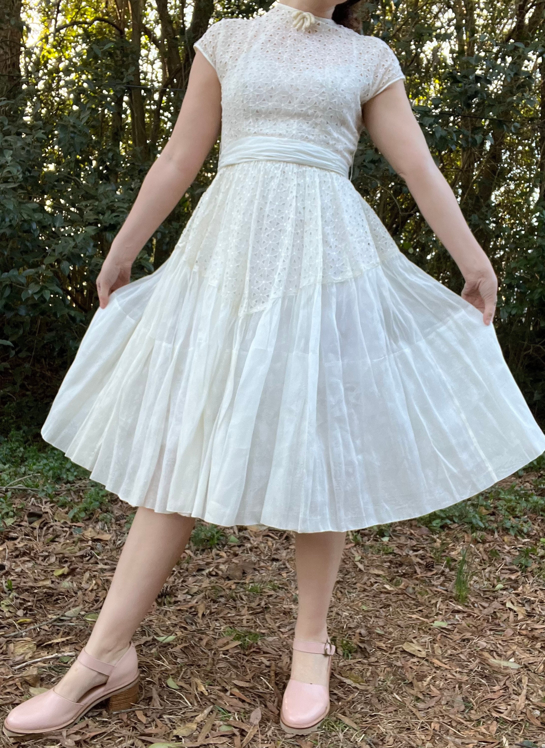 50s Bridal Gown | Polka Dot Tea Length Vintage Wedding Dress