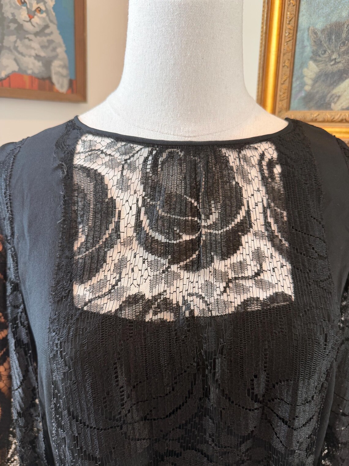 Antique 1920s Black Silk and Lace Blouse, photo 2 sur 5