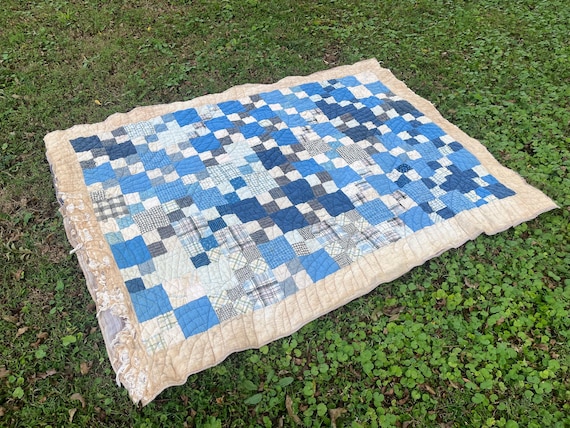 Wounded Antique 19th Century Four Patch Quilt in Shades of Blue