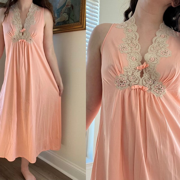 1970s Pink Nylon Vanity Fair Nightgown with V-Neck and Empire Waist