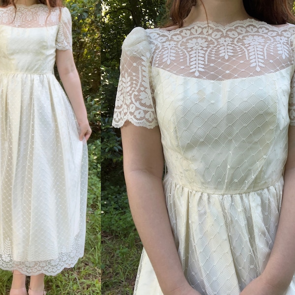 1980s White Lace Midi | Wedding Dress for Elopement, Reception, Ceremony, or Rehearsal | 80s Bridal | XS