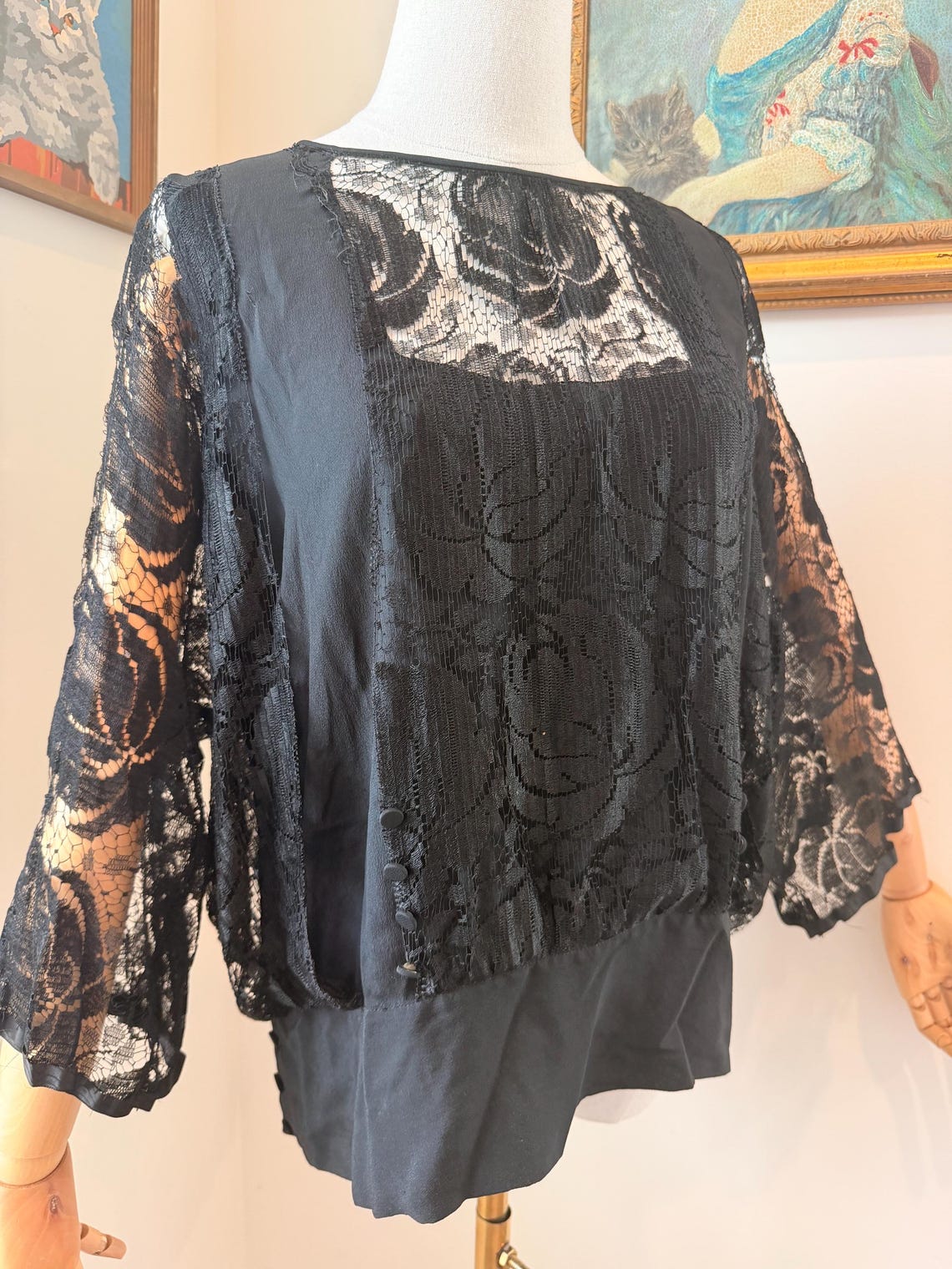 Antique 1920s Black Silk and Lace Blouse, photo 4 sur 5