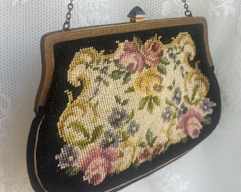 Antique 1920s Black Floral Needlepoint Handbag with Art Deco Clasp