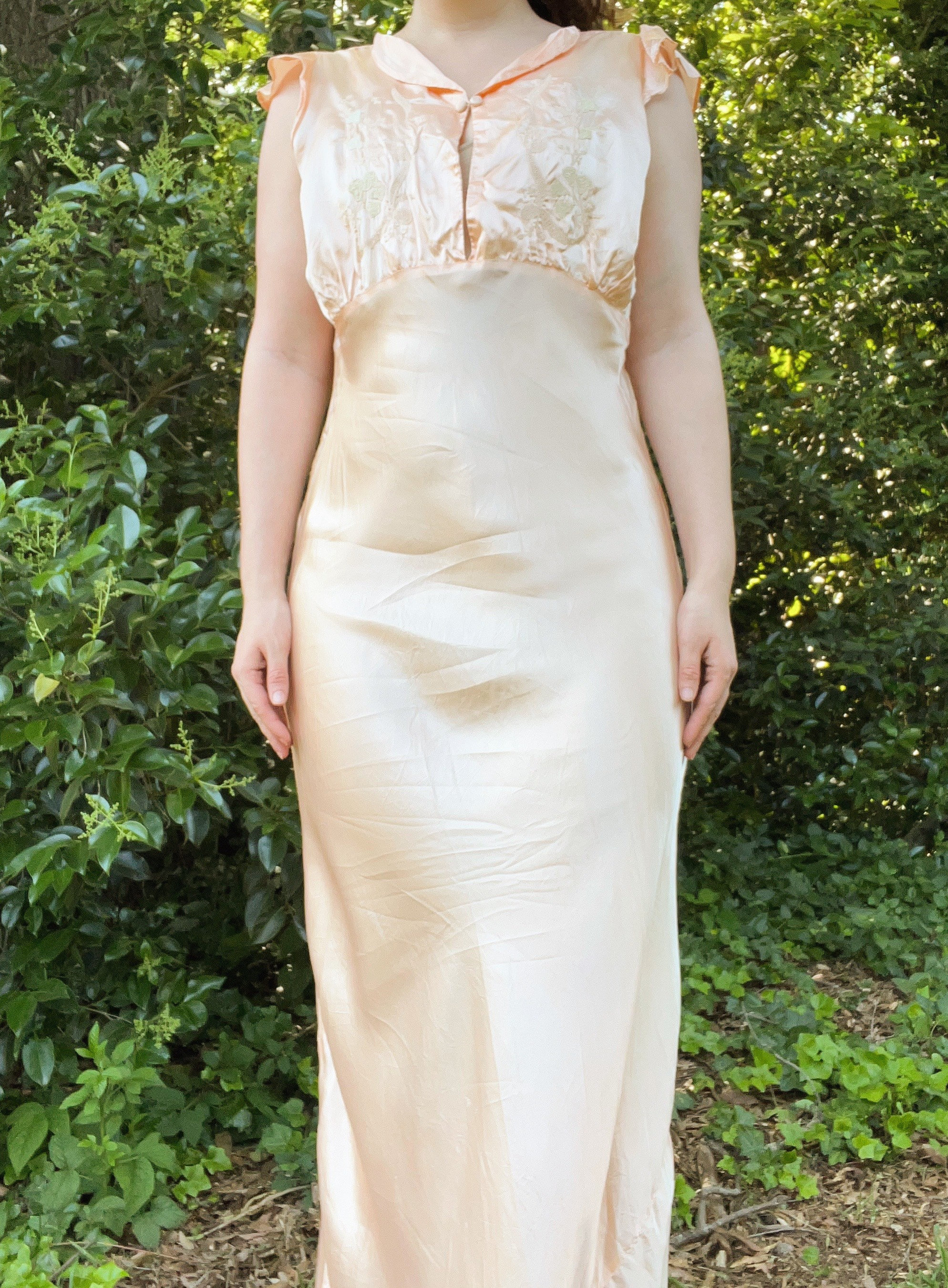 LORRAINE vintage 1940s nightgown slip dress, Shiny peachy pink bias cut slip dress, full length main image 0