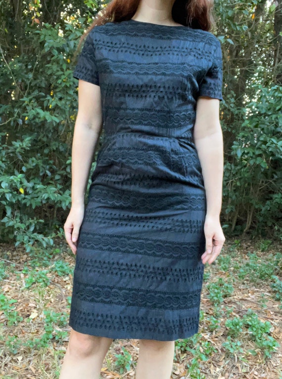 1950s 1960s Black Eyelet Wiggle Dress by Darien M… - image 2