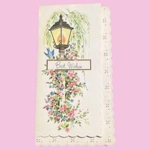 ONGEBRUIKTE felicitatieskaart uit de jaren 50 | Vintage wenskaart met aquarel straatlantaarn