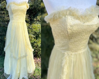 1950s Frilly Yellow Prom Dress | Strapless Formal Gown | 50s Cupcake Dress