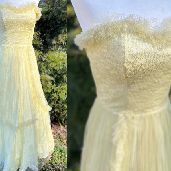 1950s Frilly Yellow Prom Dress | Strapless Formal Gown | 50s Cupcake Dress