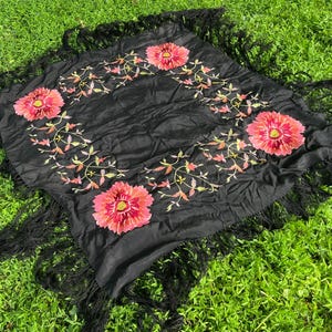 Antique Edwardian Embroidered Piano Shawl | Black Floral with Fringe