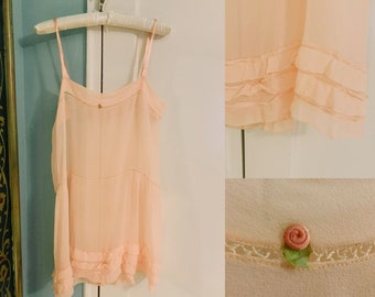 Antique 1920s Peachy Pink Chiffon Step In Teddy with Ruffles and Rosettes