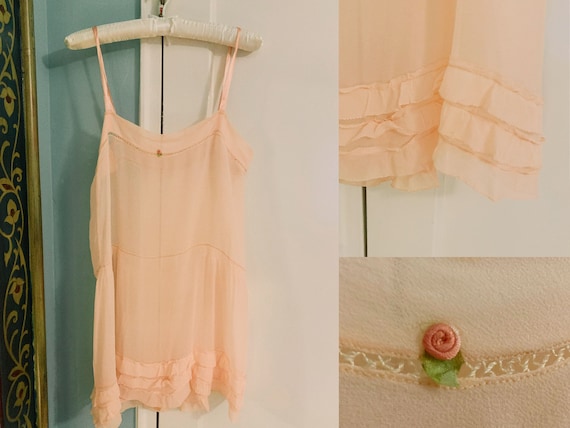 Antique 1920s Peachy Pink Chiffon Step In Teddy w… - image 1