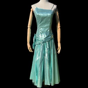 1980s Ice Blue Metallic Prom Dress or Floral Gown | 80s Sleeveless Dress with Big Bow