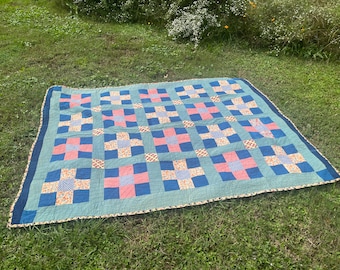 1930s Lightweight Nine Patch Quilt in Blue with Floral and Geometric Prints | Cottage Bed Cover | Vintage Decor