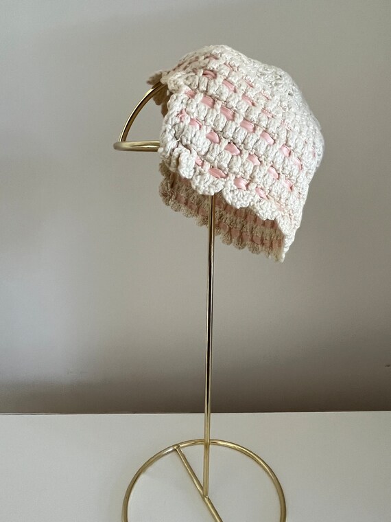 Antique 1920s Baby Bonnet Crochet with Pink Ribbo… - image 7