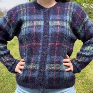 1980s Blue Plaid Mohair Cardigan Sweater by Paul Harris Designs