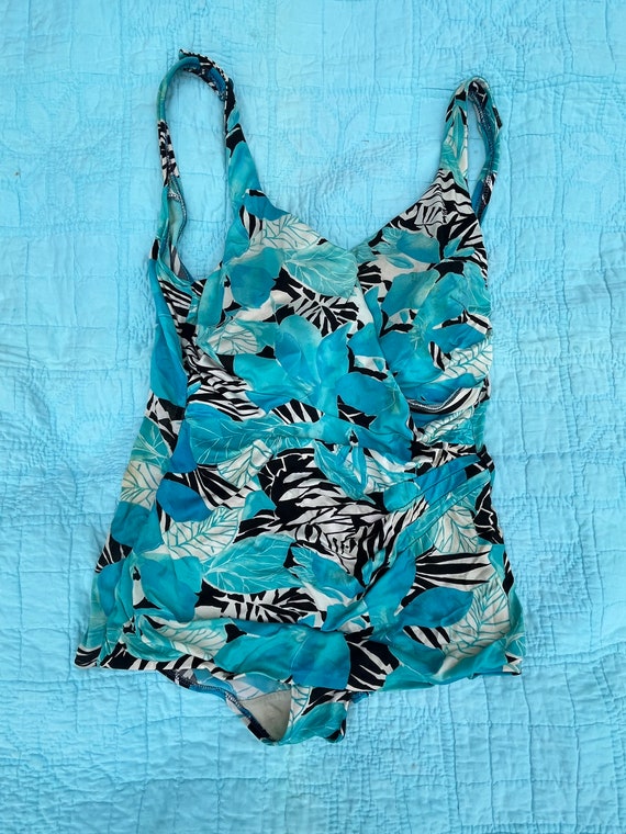 1980s Blue Leaf Print One Piece by Roxanne Bra Si… - image 3