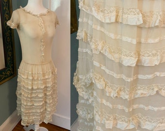 Antique 1920s Cream Ribbon and Lace Trimmed Tea Dress