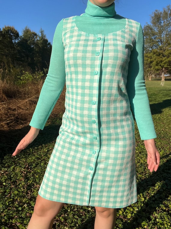 1960s Aqua Gingham Faux-layered Turtleneck Mod Dress by De Saix