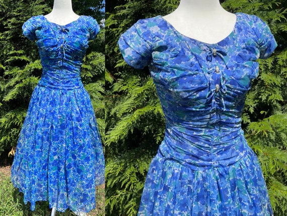 1950s Blue Watercolor Floral Party Dress with Rhi… - image 1