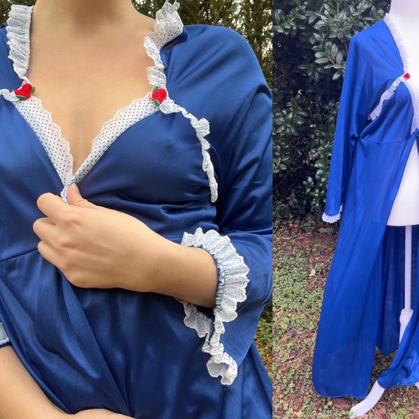 1970s Blue Peignoir Robe with Red Heart Details and Polka Dot Trim by Erica Loren New York | Size Large | 70s Lingerie