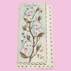 Cartão de Saudades dos anos 50 com gatinhos, sem uso | Cartão de felicitações vintage com gatinhos
