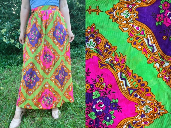 1970s Vibrant Neon Psychedelic Maxi Skirt | Size … - image 1