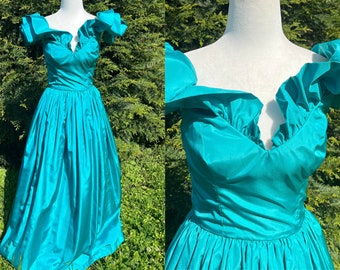 1980s Teal Ruffled Off the Shoulder Prom Dress Formal Gown