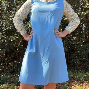 1970s Blue Jumper Dress With Floral Sleeves and Collar - Etsy