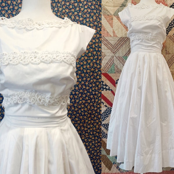 1950s White Cotton Dress by Tailored Junior | XS 50s Sundress with Lace Trim